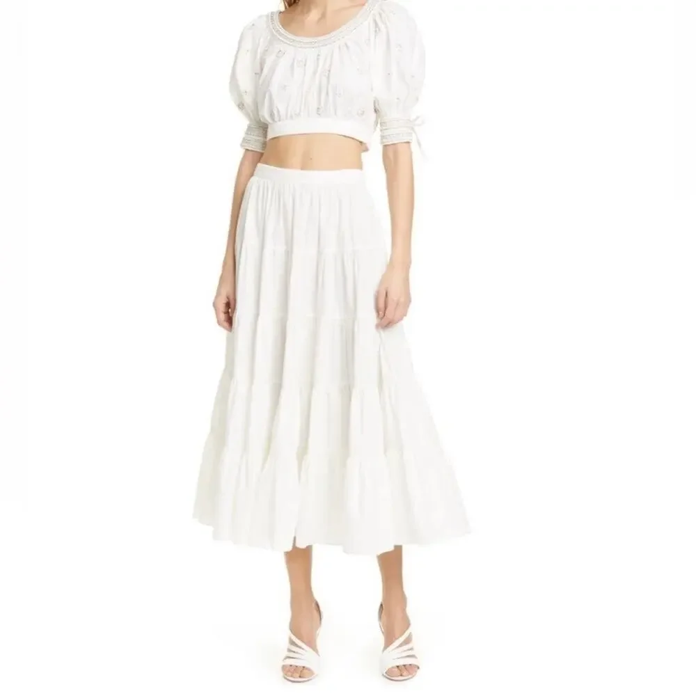 Ulla Johnson Sylvie Tiered Cotton Midi Skirt WOMENS 10 minimalist cottagecore